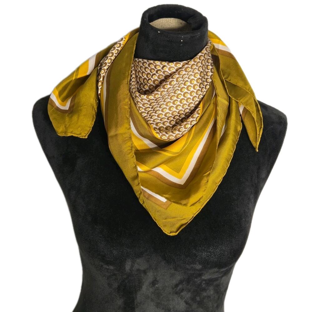 VTG 100% Silk Mod Olive Mustard Geometric 26x26 Square Scarf Retro Mod Wrap - Picture 2 of 5